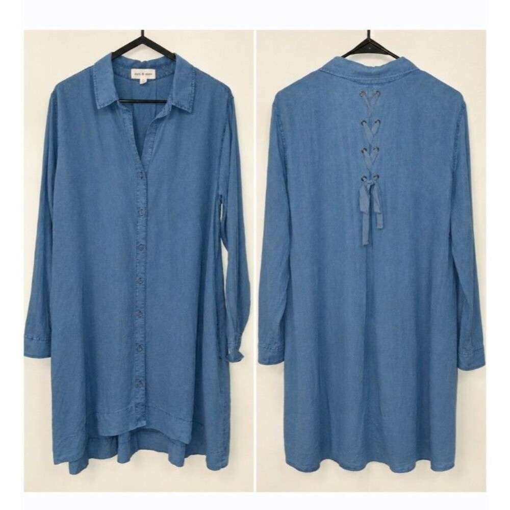 Cloth & Stone Blue Tencel Chambray Button-Down Shirt Dress w/ Lace-Up Back L